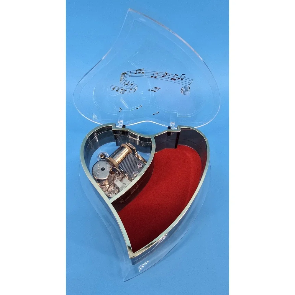 Vintage Lucite Heart Shaped Musical Jewelry Box Plays 